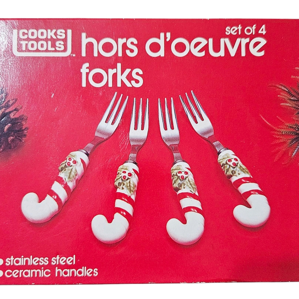 Vintage "Cooks Tools" Hors d'Oeuvre Forks with Candy Cane Holly Christmas Theme